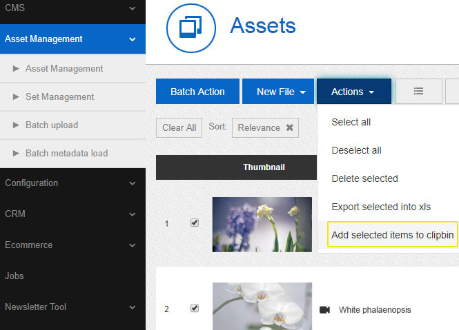 Add media assets to the Clip bin in the admin area