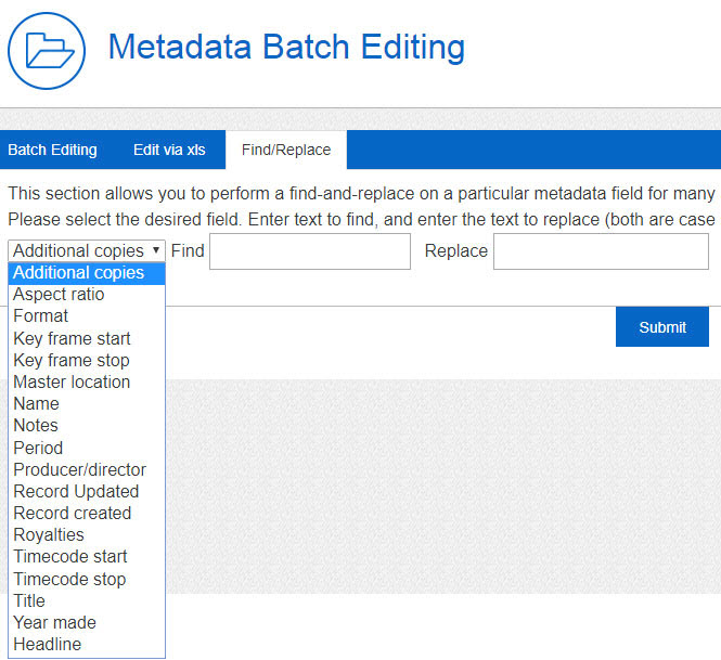 Update any metadata fields via Find and replace tool